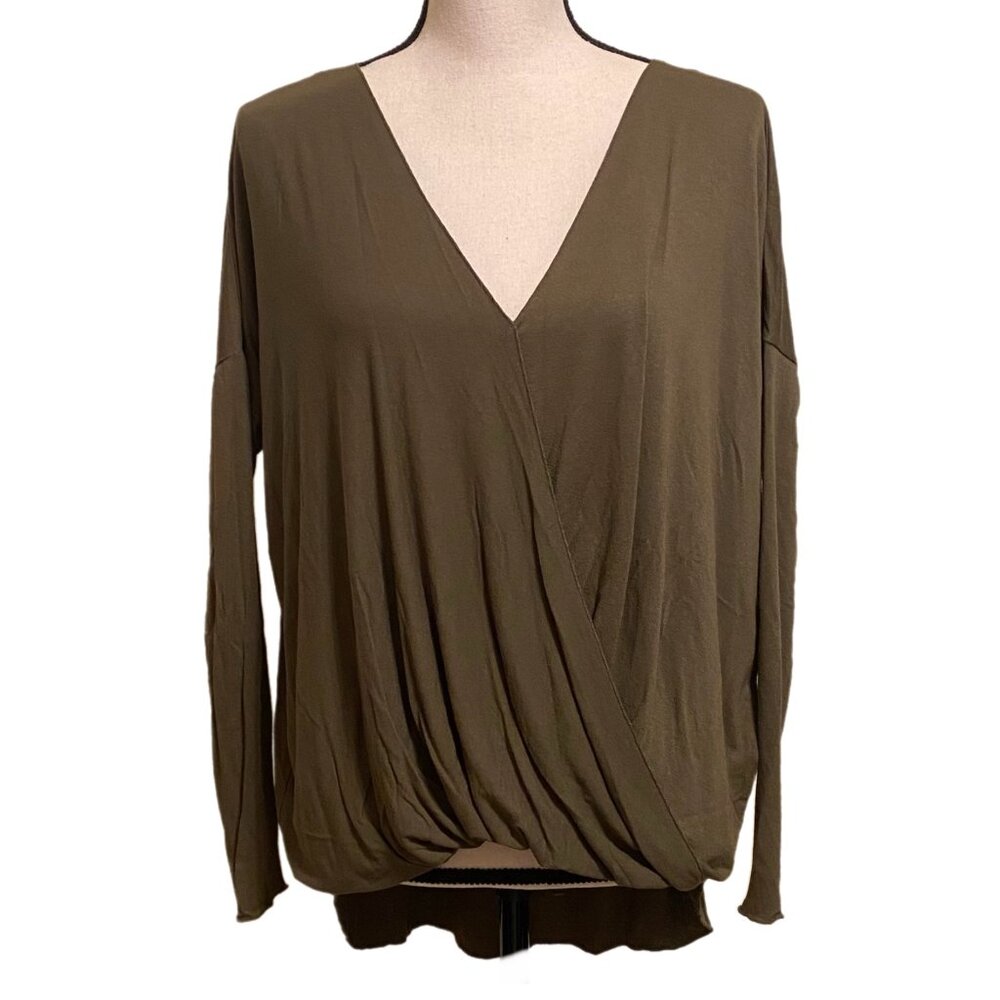 Double Zoo Women's High Low Long Sleeve Wrap Front Olive Blouse Size Small